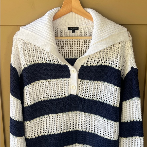 Talbots Like New SzL Petite Open Stitch Sailor Collar Sweater Blue White Stripe - Picture 3 of 10